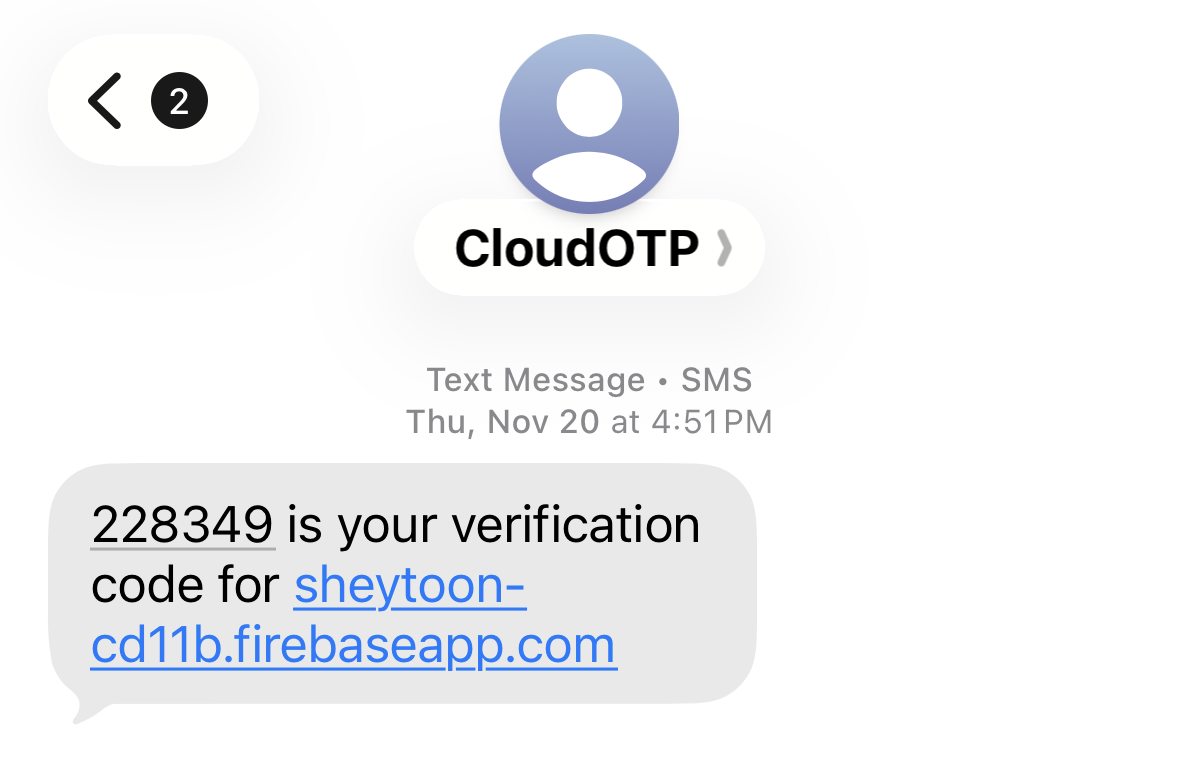 Screenshot of OTP received from Firebase